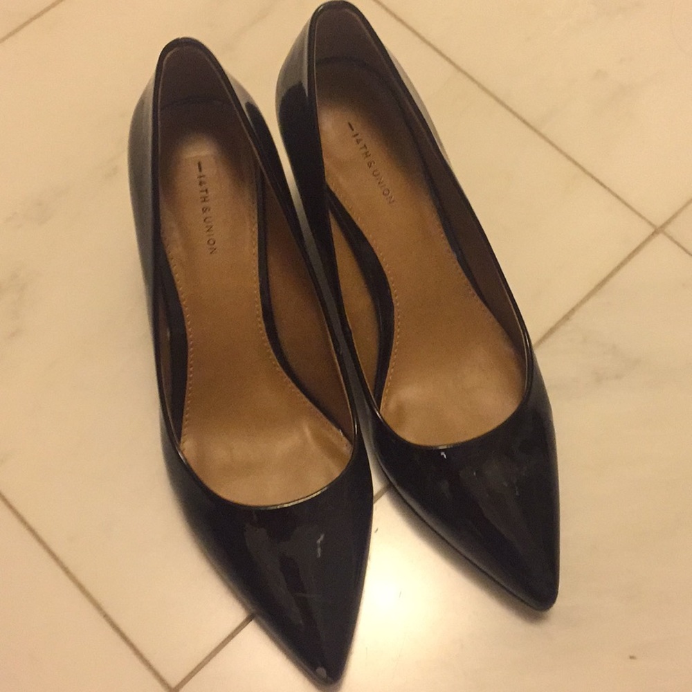 Black patent pumps with block heels
